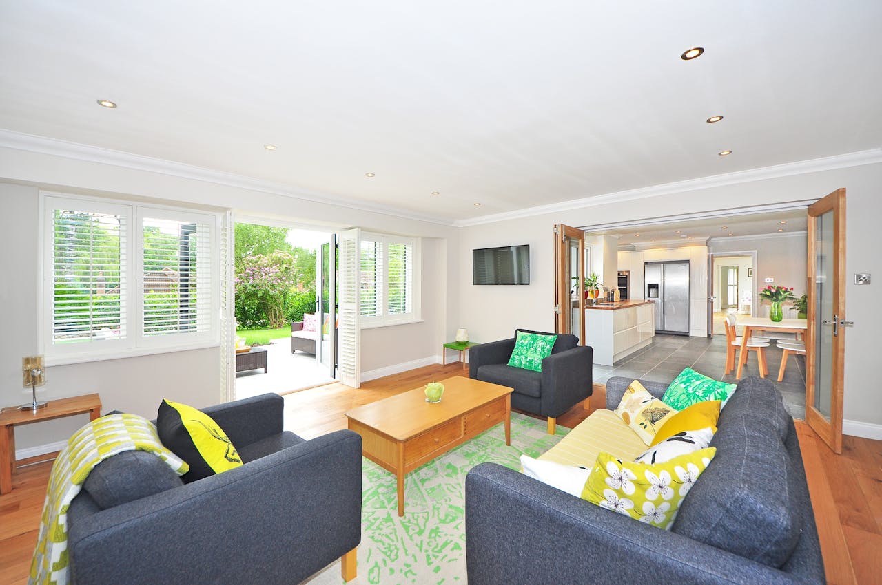 living-room-with-green-rug-open-doors-to-kitchen-and-outside